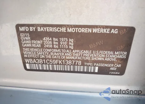 2015 BMW 320I z USA, uszkodzony, nr VIN WBA3B1C59FK138778